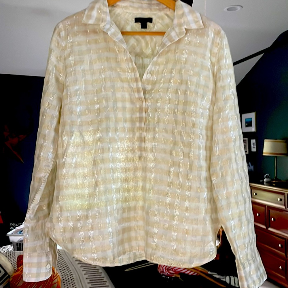 J Crew gold/silver/white gingham blouse